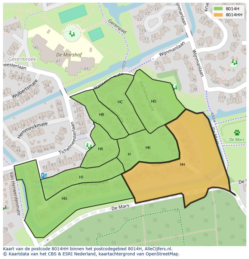Afbeelding van het postcodegebied 8014 HH op de kaart.