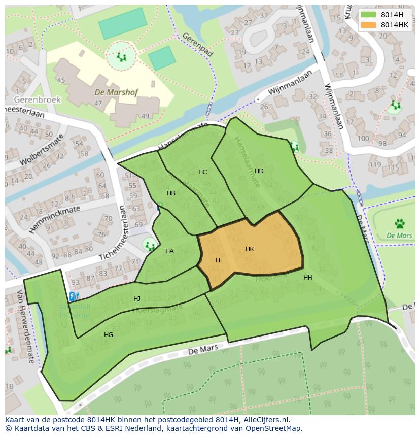Afbeelding van het postcodegebied 8014 HK op de kaart.