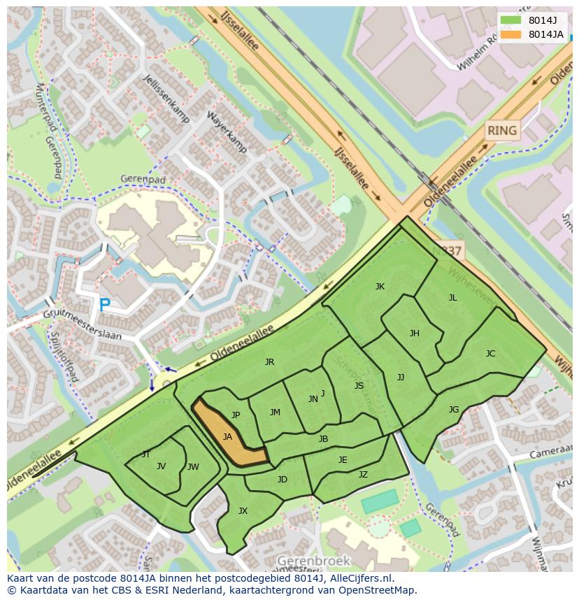 Afbeelding van het postcodegebied 8014 JA op de kaart.