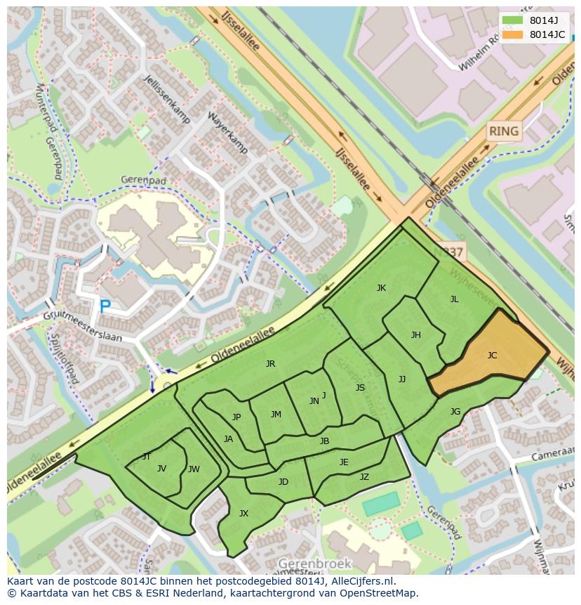 Afbeelding van het postcodegebied 8014 JC op de kaart.