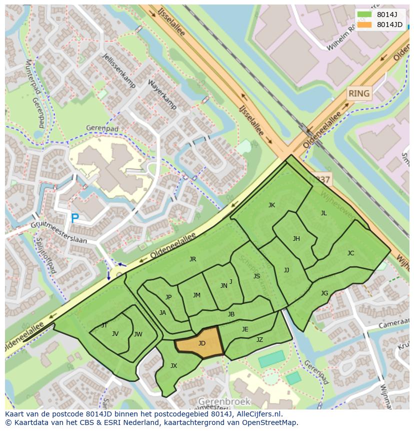 Afbeelding van het postcodegebied 8014 JD op de kaart.