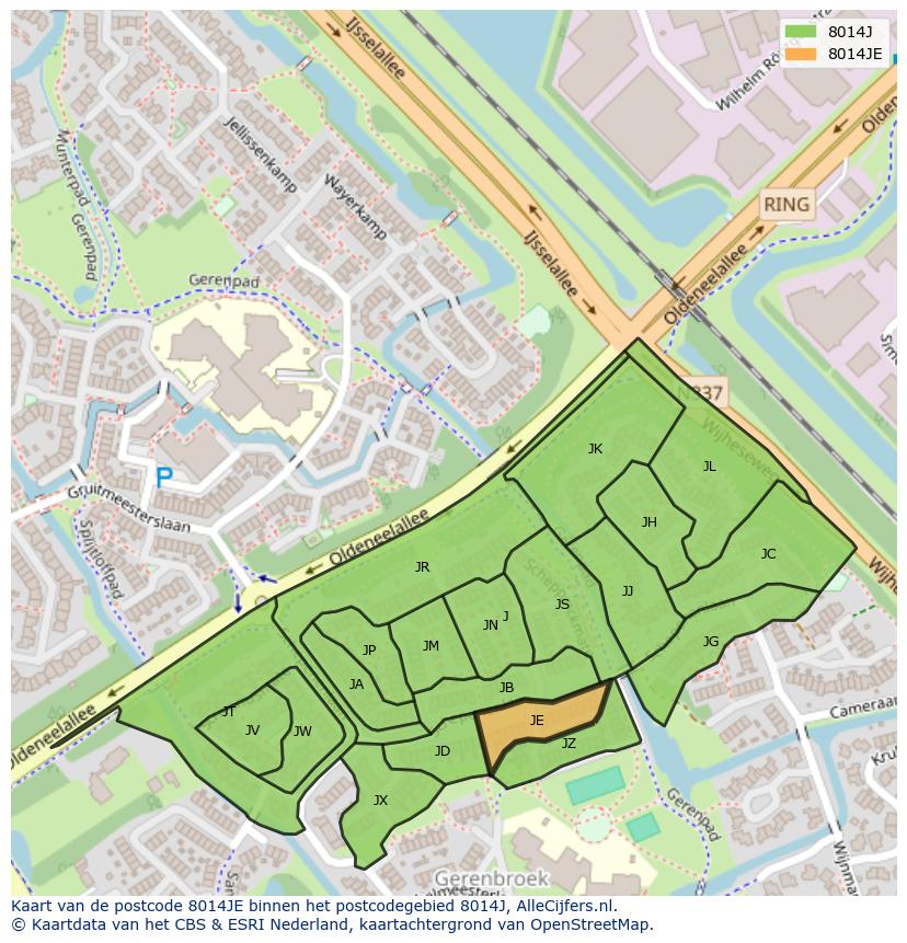 Afbeelding van het postcodegebied 8014 JE op de kaart.