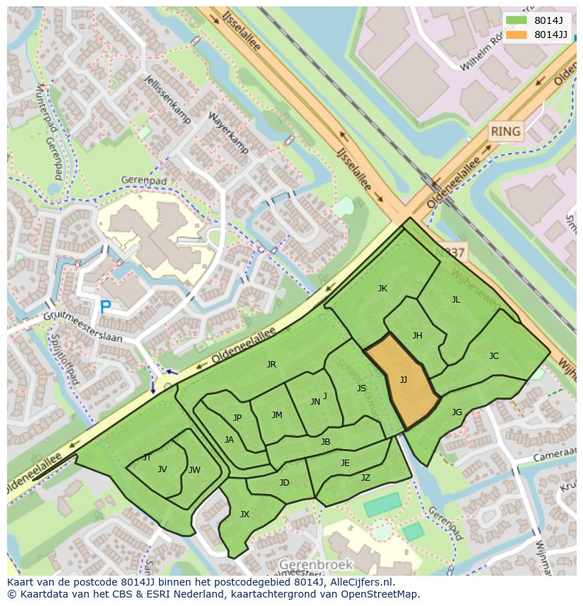 Afbeelding van het postcodegebied 8014 JJ op de kaart.