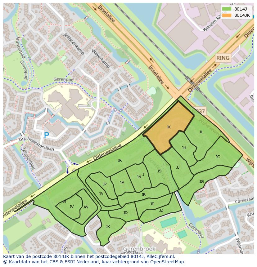 Afbeelding van het postcodegebied 8014 JK op de kaart.
