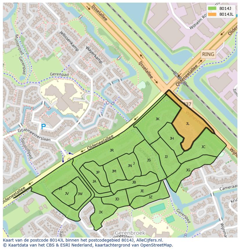 Afbeelding van het postcodegebied 8014 JL op de kaart.