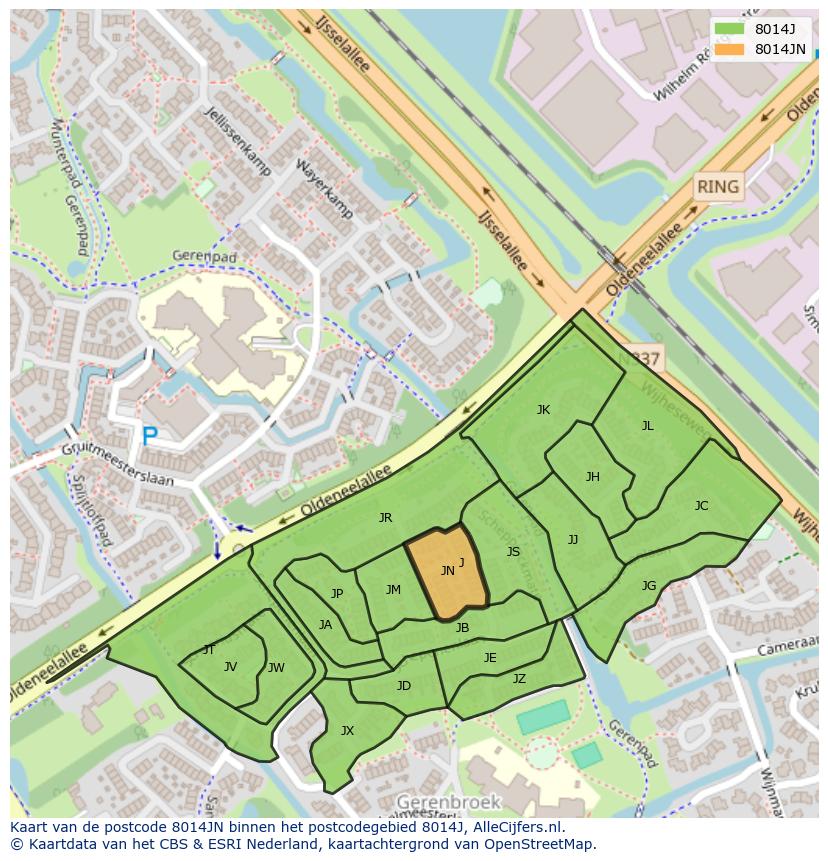 Afbeelding van het postcodegebied 8014 JN op de kaart.