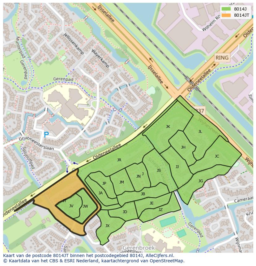 Afbeelding van het postcodegebied 8014 JT op de kaart.