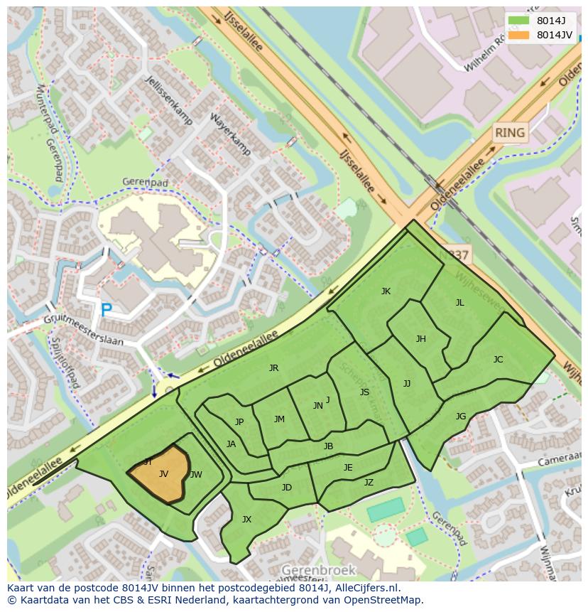 Afbeelding van het postcodegebied 8014 JV op de kaart.