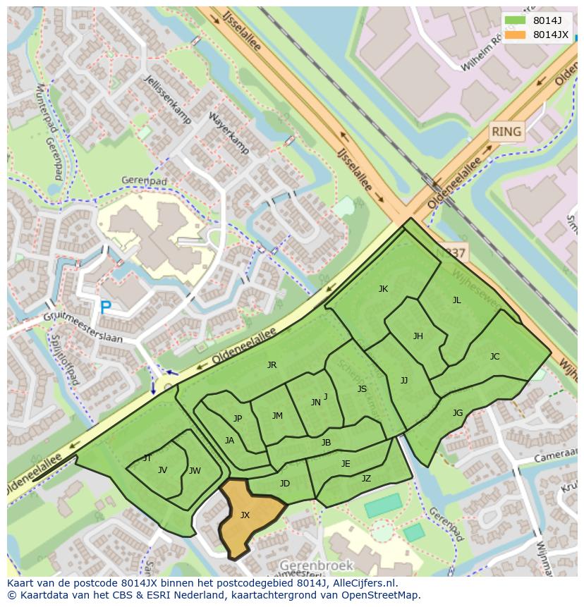 Afbeelding van het postcodegebied 8014 JX op de kaart.