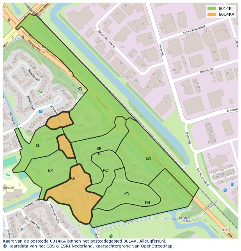 Afbeelding van het postcodegebied 8014 KA op de kaart.
