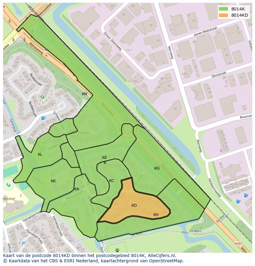 Afbeelding van het postcodegebied 8014 KD op de kaart.