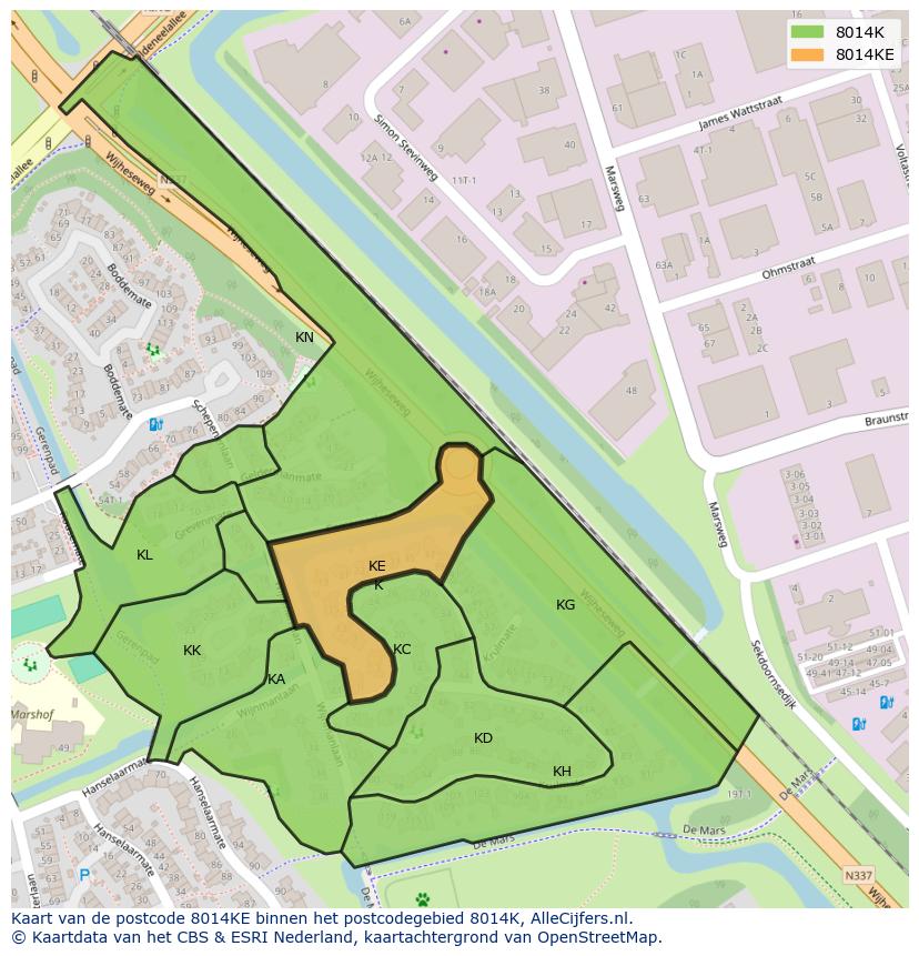 Afbeelding van het postcodegebied 8014 KE op de kaart.