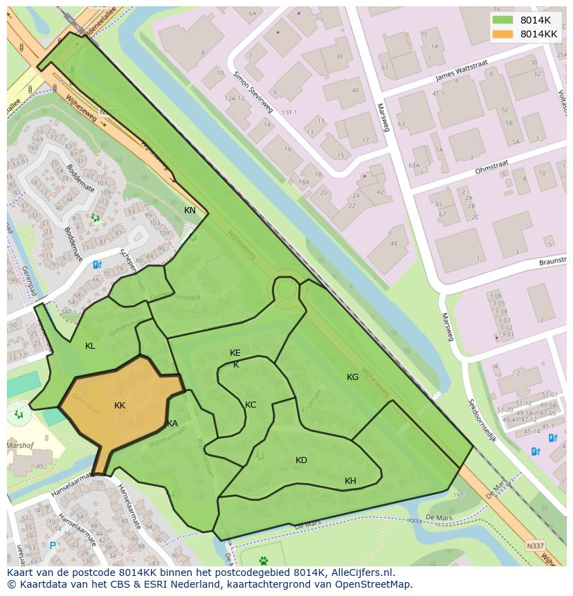 Afbeelding van het postcodegebied 8014 KK op de kaart.