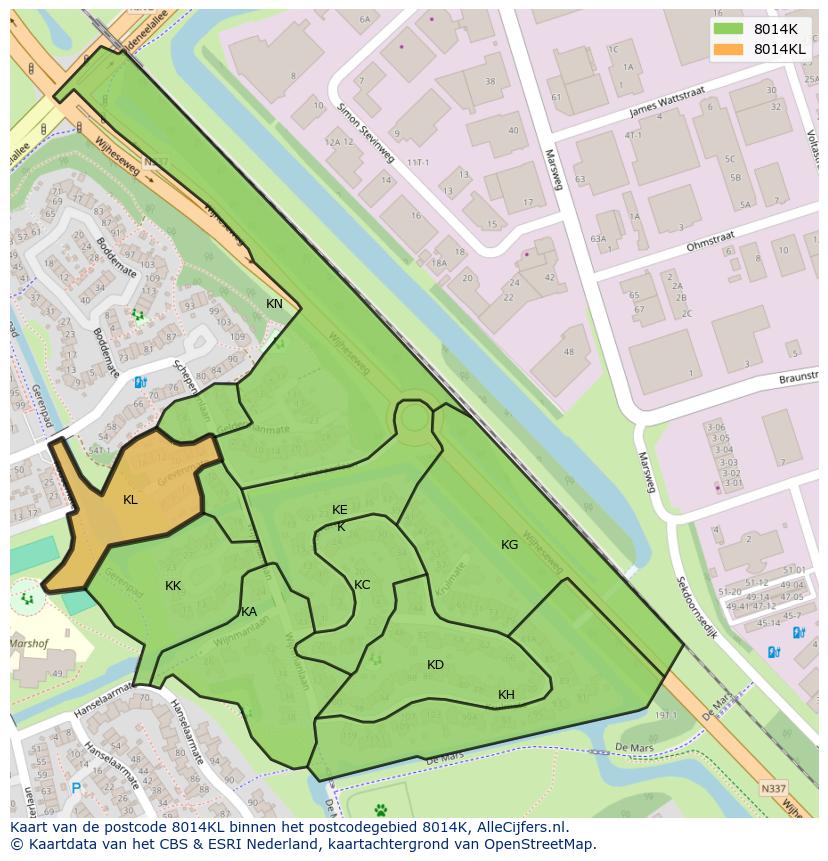 Afbeelding van het postcodegebied 8014 KL op de kaart.