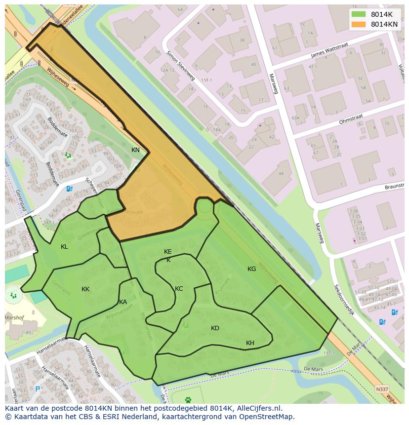 Afbeelding van het postcodegebied 8014 KN op de kaart.