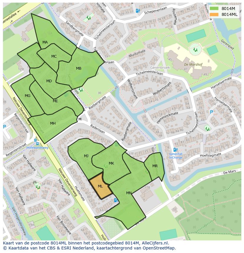 Afbeelding van het postcodegebied 8014 ML op de kaart.