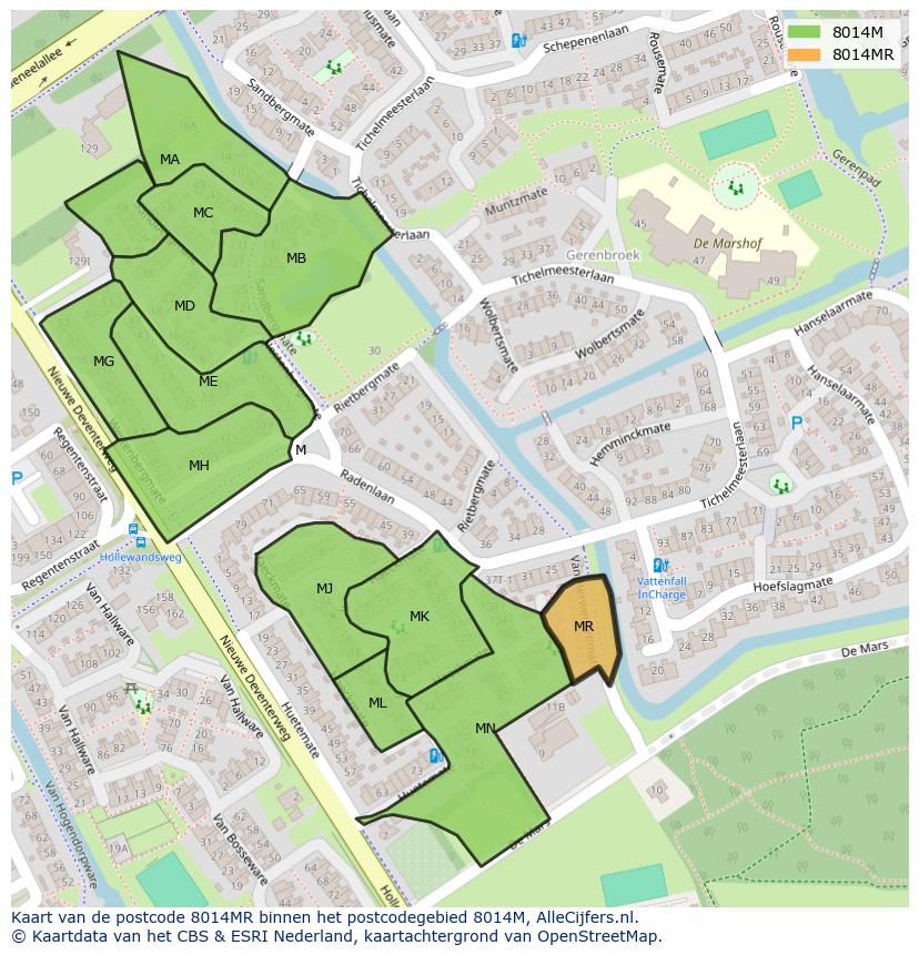 Afbeelding van het postcodegebied 8014 MR op de kaart.