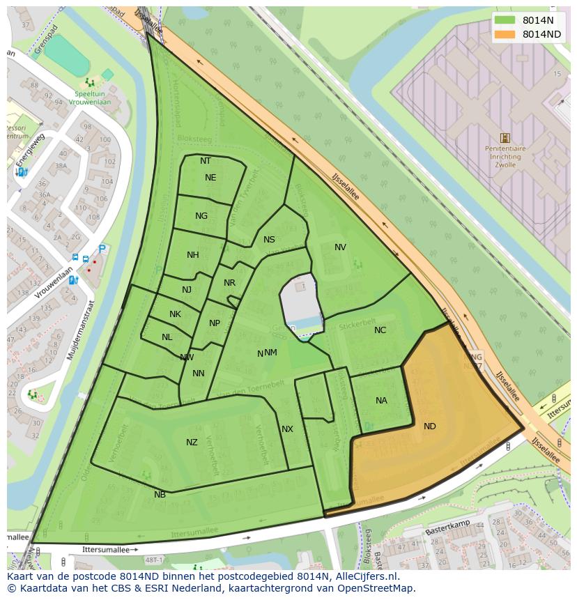Afbeelding van het postcodegebied 8014 ND op de kaart.