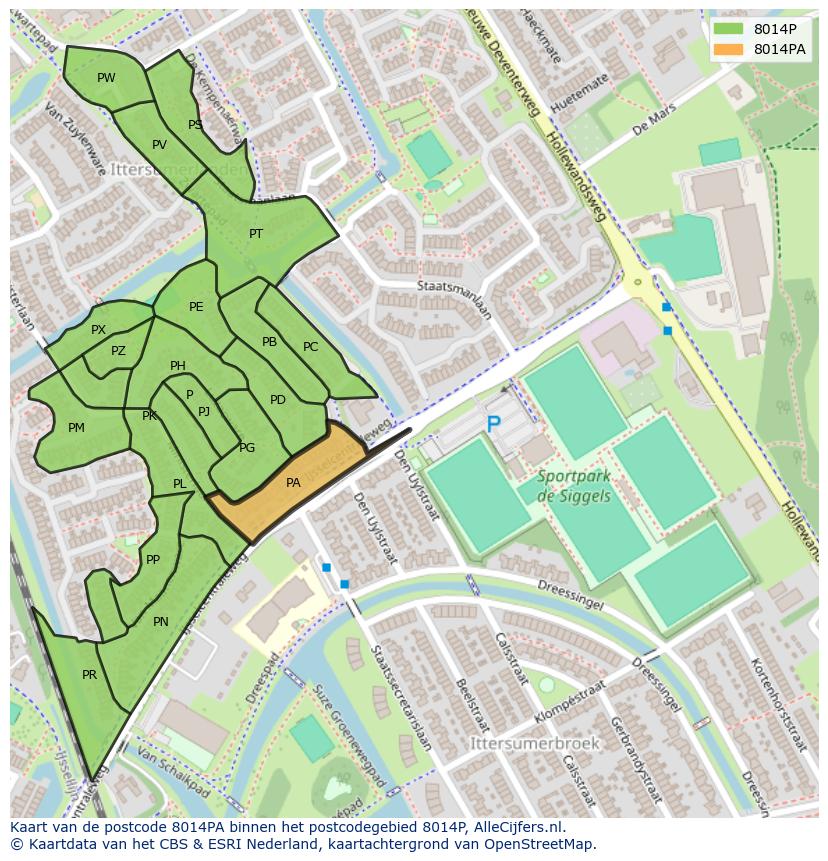 Afbeelding van het postcodegebied 8014 PA op de kaart.