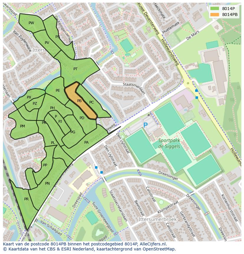 Afbeelding van het postcodegebied 8014 PB op de kaart.