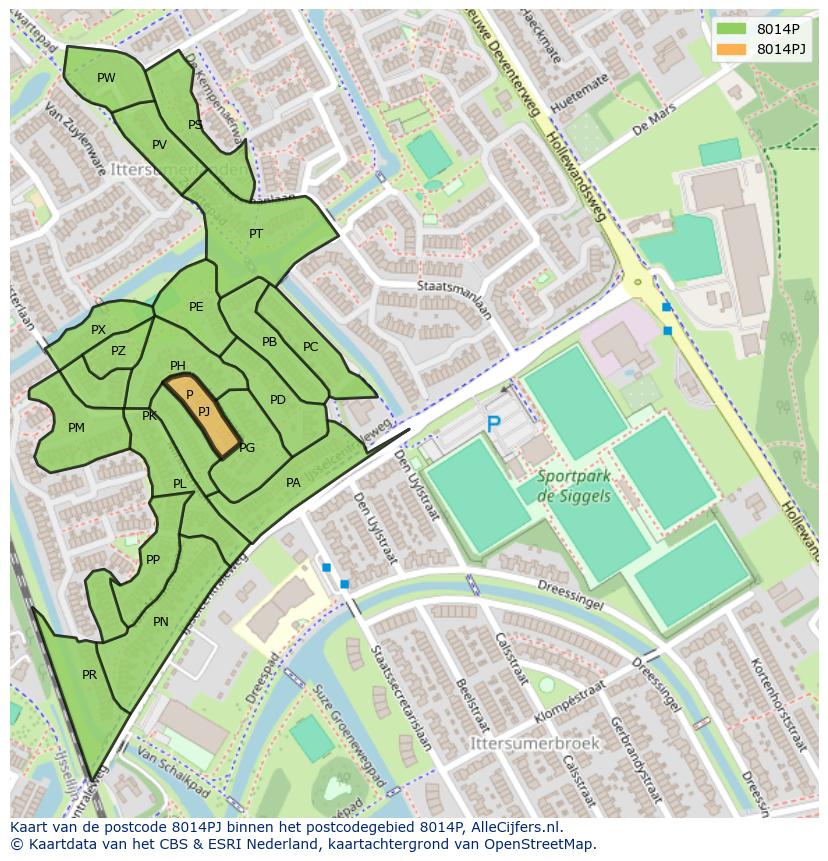 Afbeelding van het postcodegebied 8014 PJ op de kaart.