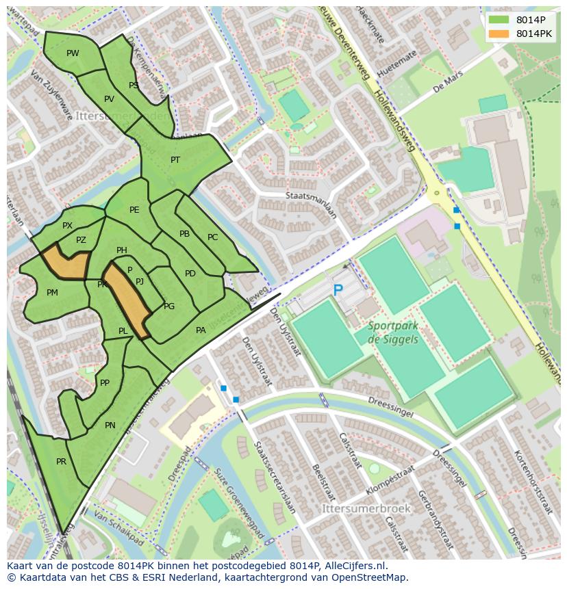 Afbeelding van het postcodegebied 8014 PK op de kaart.