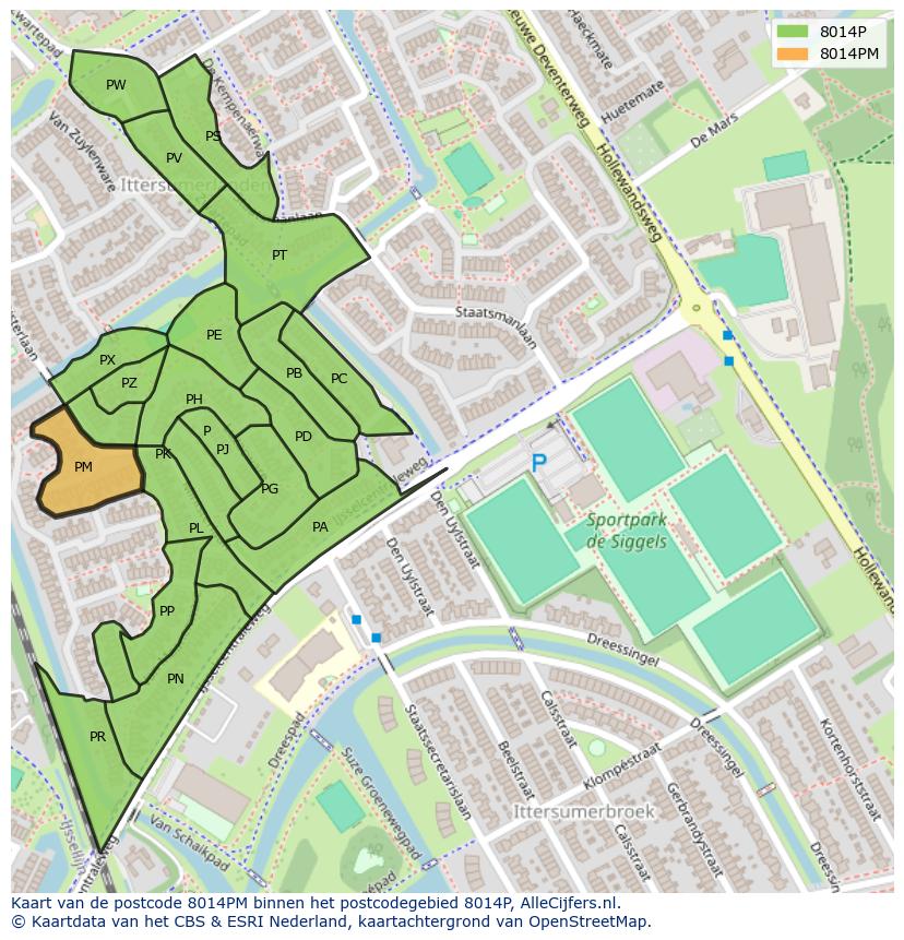 Afbeelding van het postcodegebied 8014 PM op de kaart.