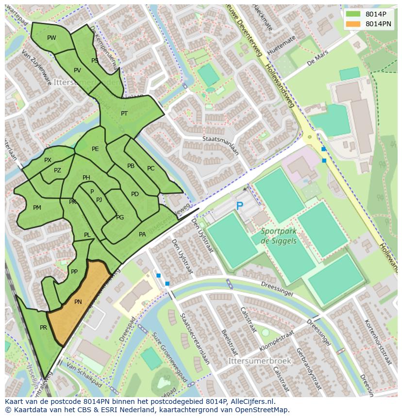 Afbeelding van het postcodegebied 8014 PN op de kaart.