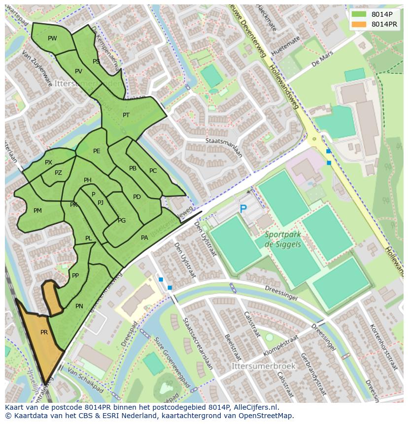 Afbeelding van het postcodegebied 8014 PR op de kaart.