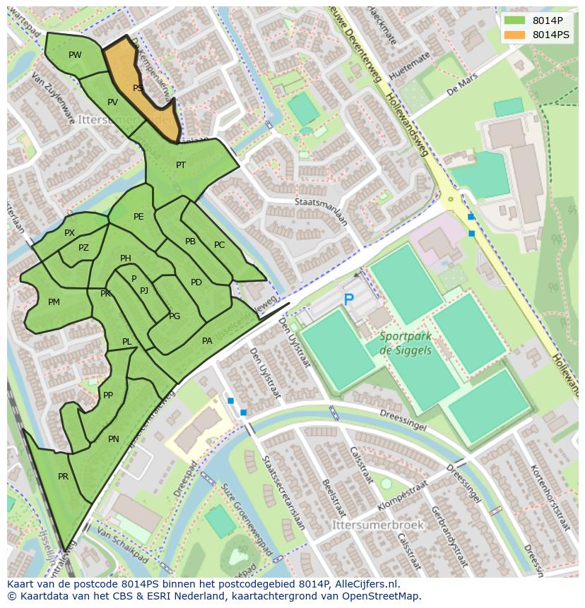 Afbeelding van het postcodegebied 8014 PS op de kaart.