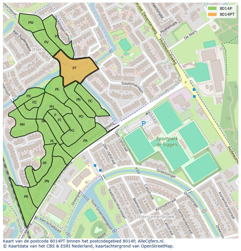 Afbeelding van het postcodegebied 8014 PT op de kaart.