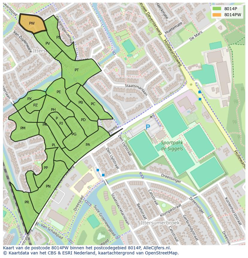 Afbeelding van het postcodegebied 8014 PW op de kaart.