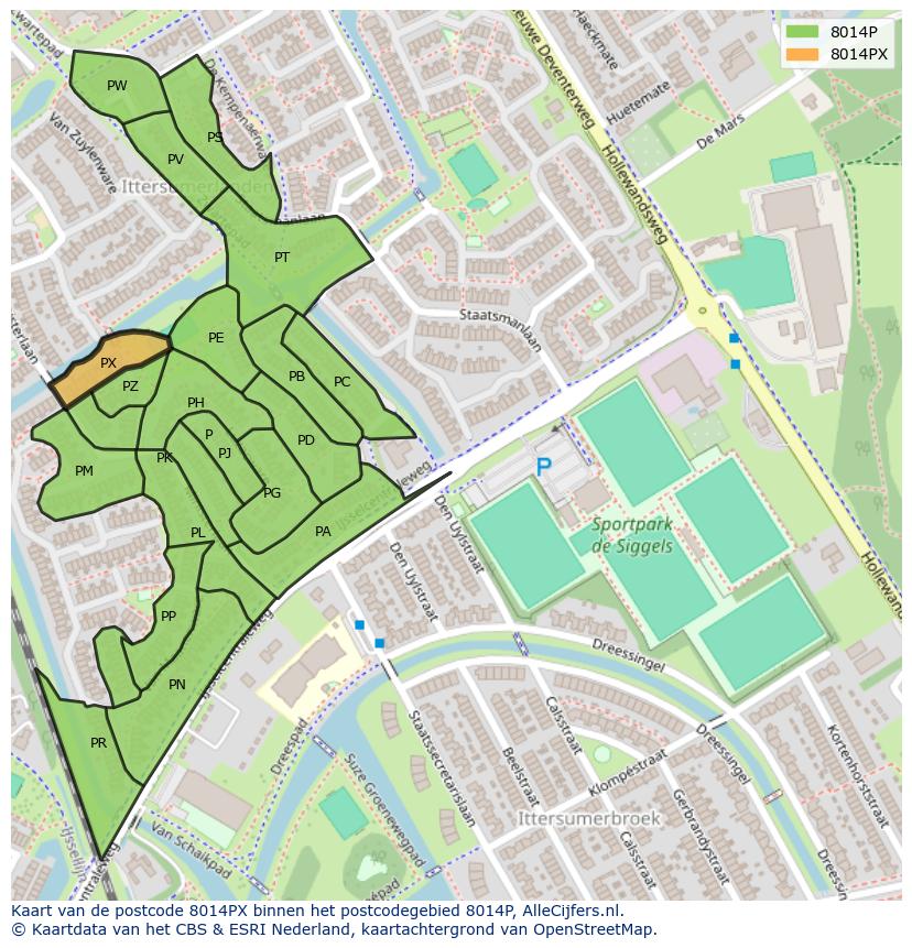 Afbeelding van het postcodegebied 8014 PX op de kaart.