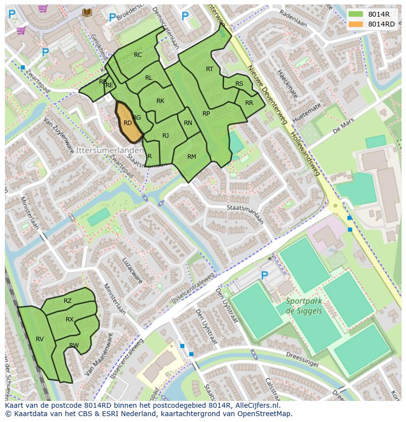 Afbeelding van het postcodegebied 8014 RD op de kaart.