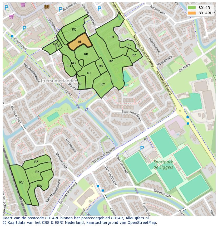 Afbeelding van het postcodegebied 8014 RL op de kaart.