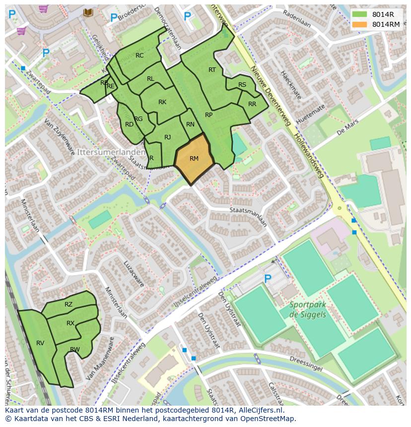 Afbeelding van het postcodegebied 8014 RM op de kaart.