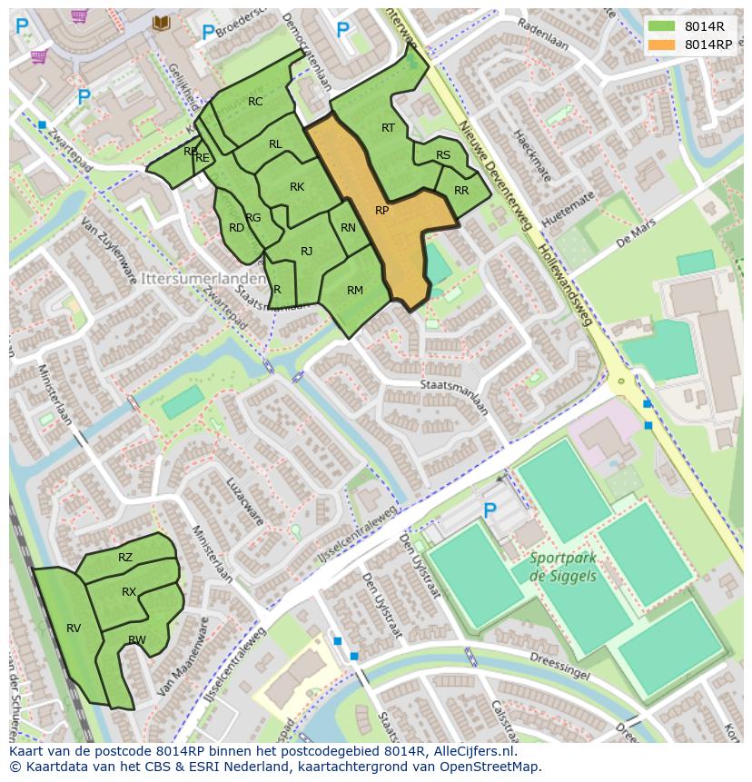 Afbeelding van het postcodegebied 8014 RP op de kaart.