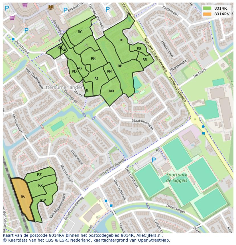 Afbeelding van het postcodegebied 8014 RV op de kaart.