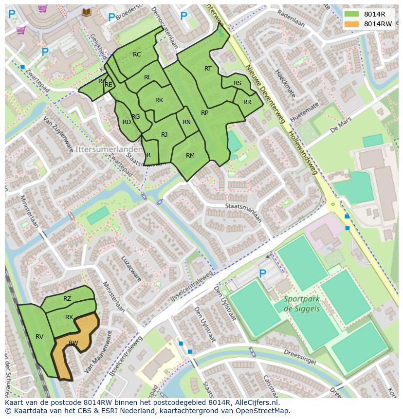 Afbeelding van het postcodegebied 8014 RW op de kaart.