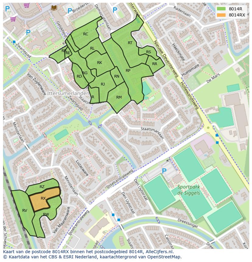 Afbeelding van het postcodegebied 8014 RX op de kaart.