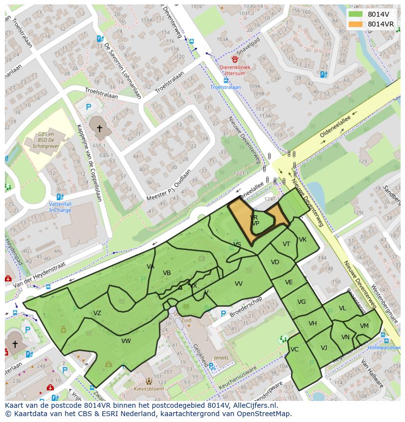 Afbeelding van het postcodegebied 8014 VR op de kaart.