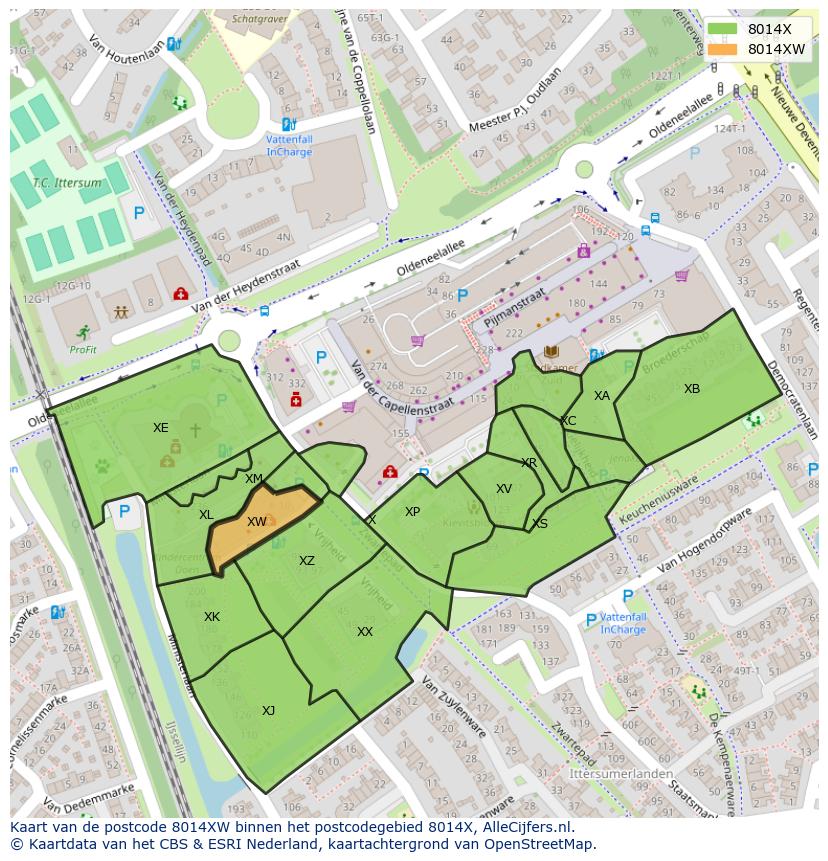 Afbeelding van het postcodegebied 8014 XW op de kaart.