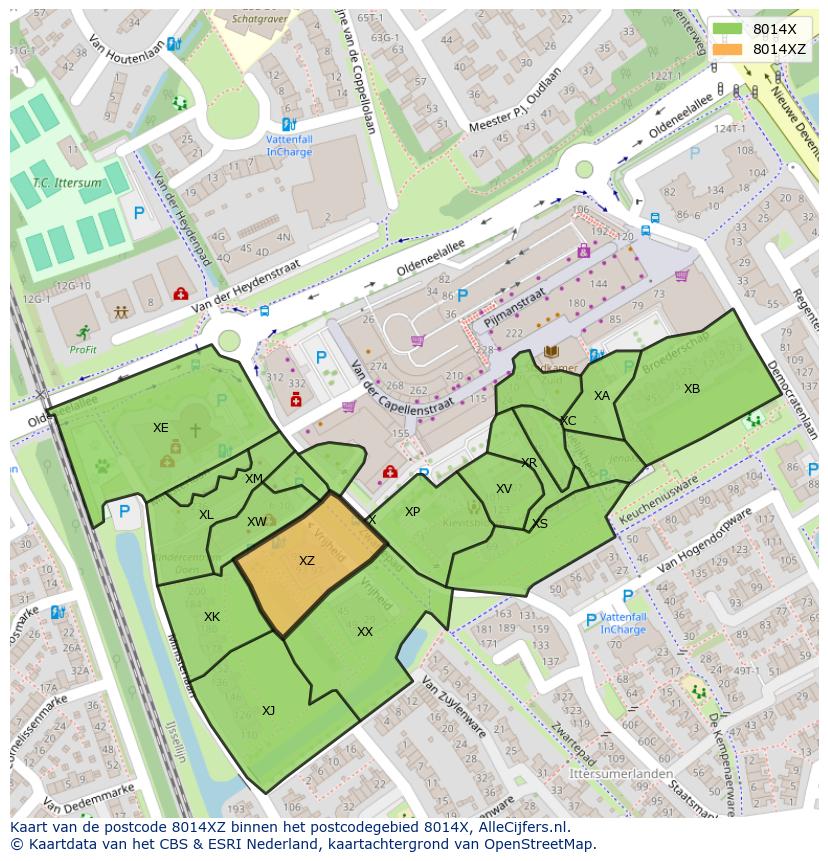 Afbeelding van het postcodegebied 8014 XZ op de kaart.
