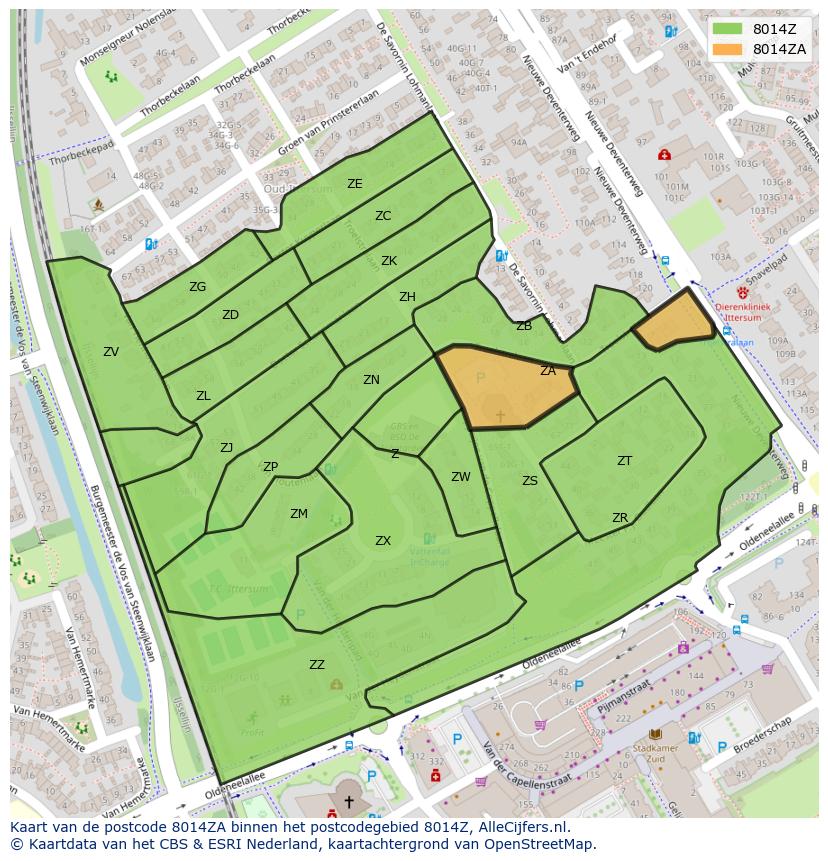 Afbeelding van het postcodegebied 8014 ZA op de kaart.