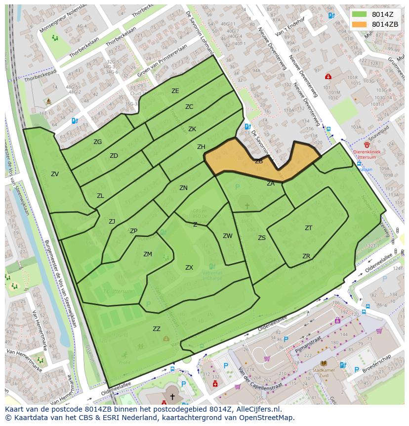 Afbeelding van het postcodegebied 8014 ZB op de kaart.