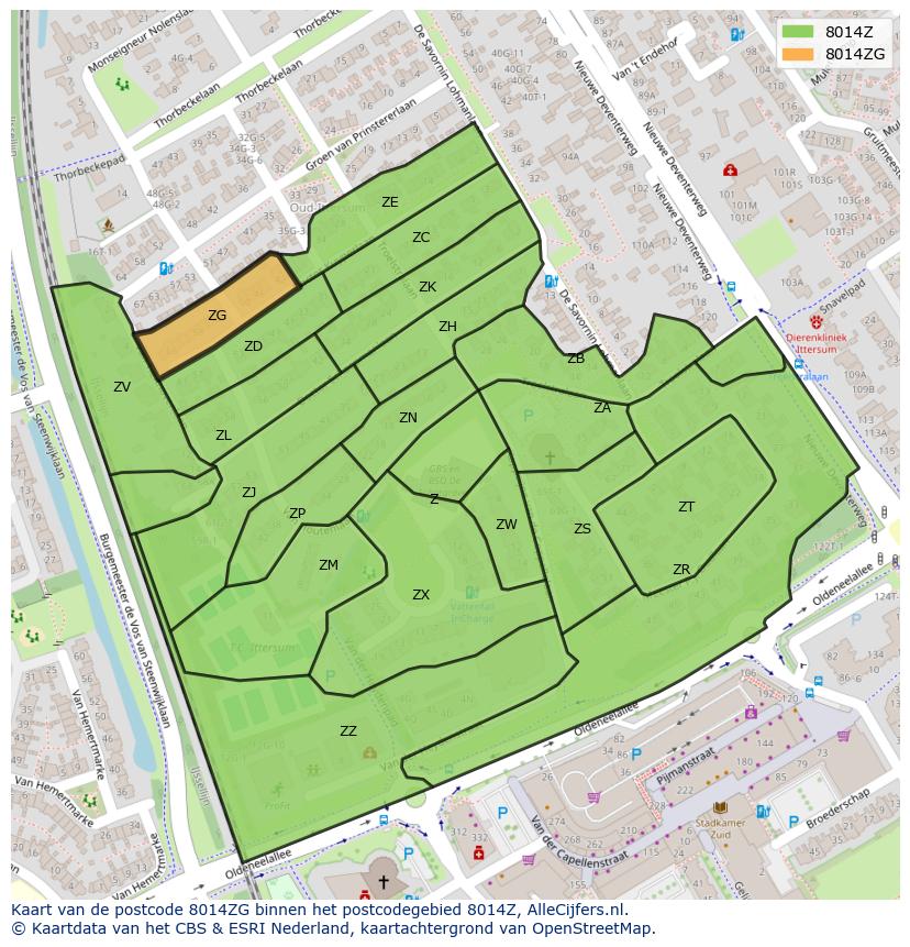 Afbeelding van het postcodegebied 8014 ZG op de kaart.