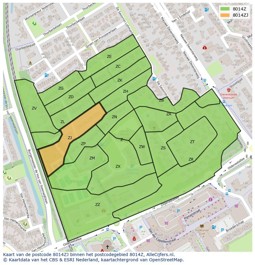 Afbeelding van het postcodegebied 8014 ZJ op de kaart.