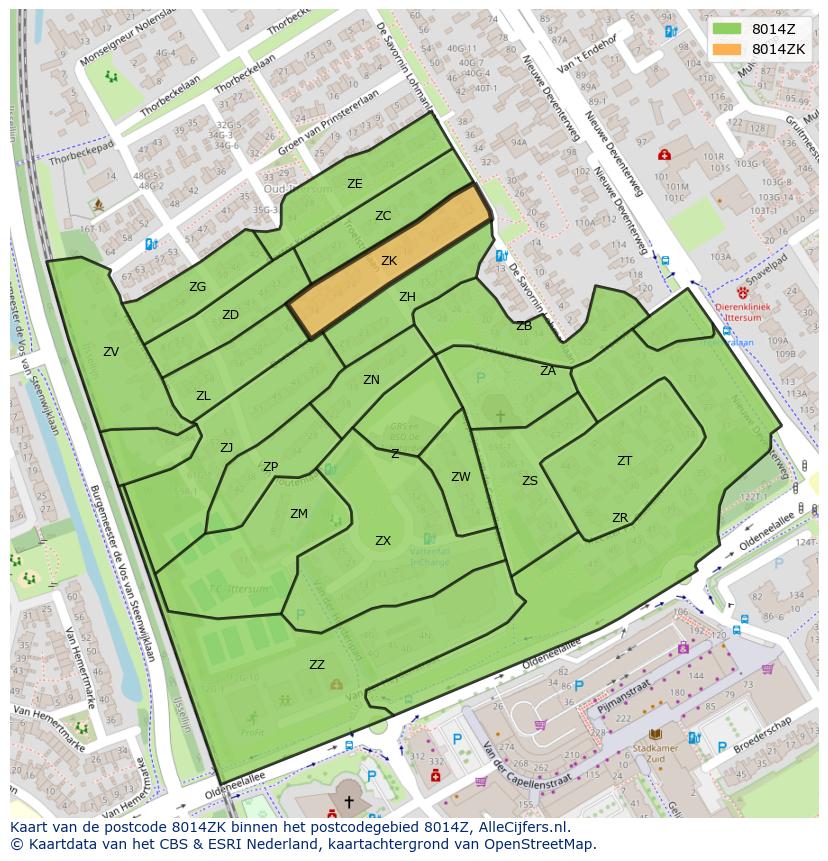 Afbeelding van het postcodegebied 8014 ZK op de kaart.