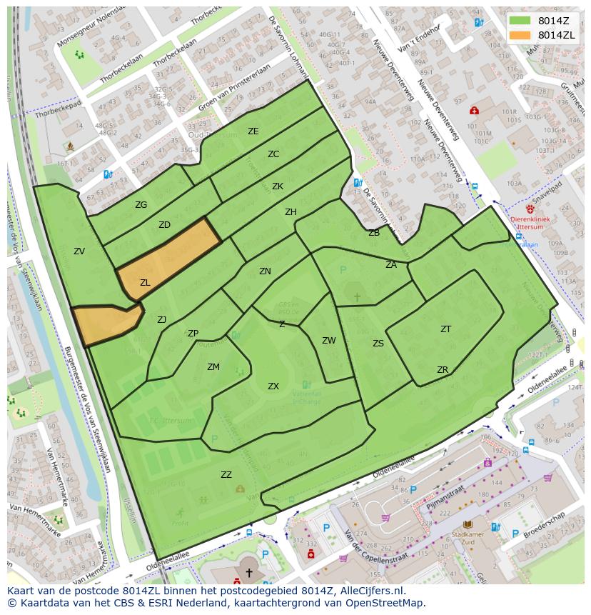 Afbeelding van het postcodegebied 8014 ZL op de kaart.