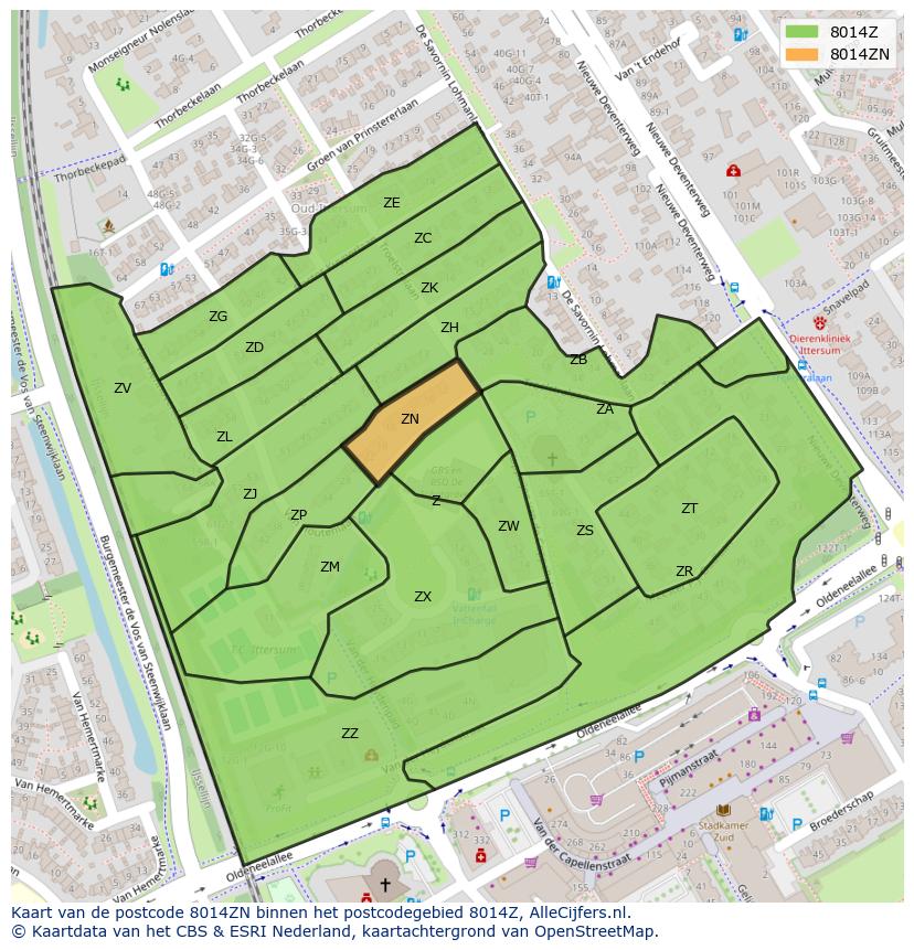 Afbeelding van het postcodegebied 8014 ZN op de kaart.